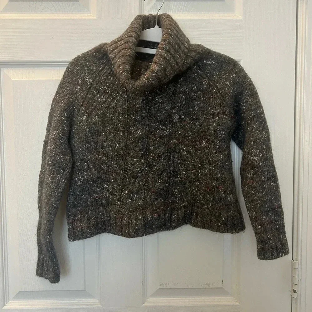 ! Jenni Kayne Wool Alpaca Silk Speckled Cropped Cable Knit Cowl Neck Sweat…